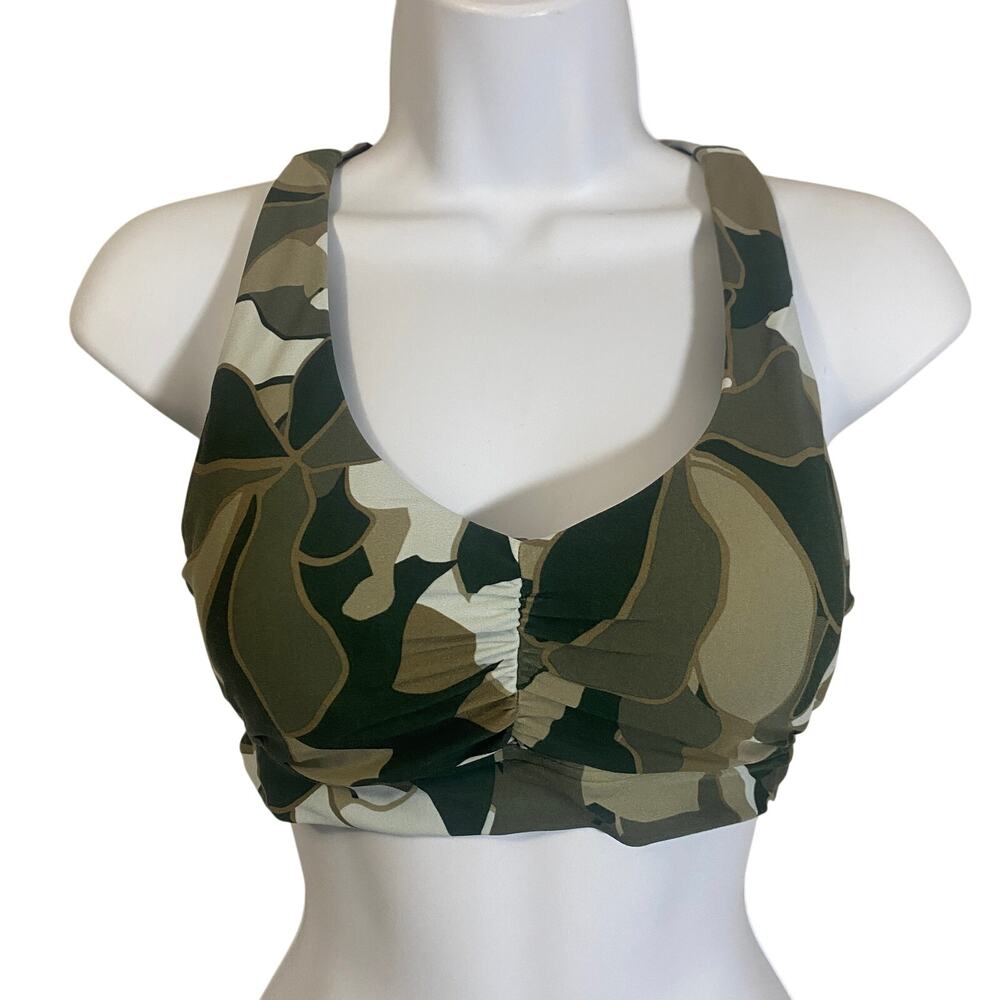 Offline By Aerie Real Me Ruched Sports Bra Dusty Green Camo Criss Cross Back M